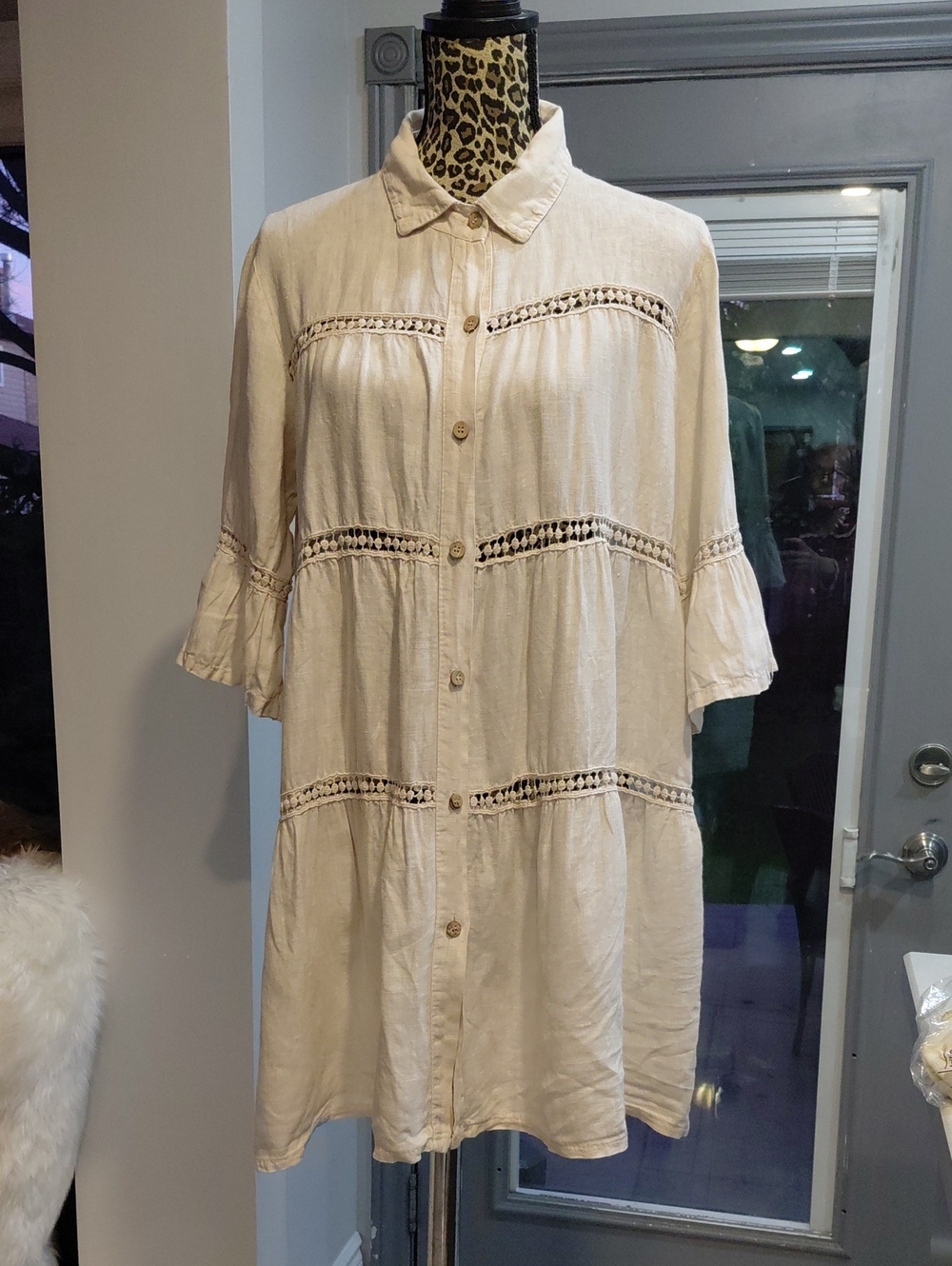 100% Italian Linen Boho Cream Button-Front Tunic Dress